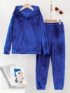 Indulge in ultimate comfort with the Newness Luxe Lounge Velvet Hooded Set This luxurious loungewear set features a plush velvet fabric and a flattering hooded design perfect for relaxing at home or running errands in effortless style