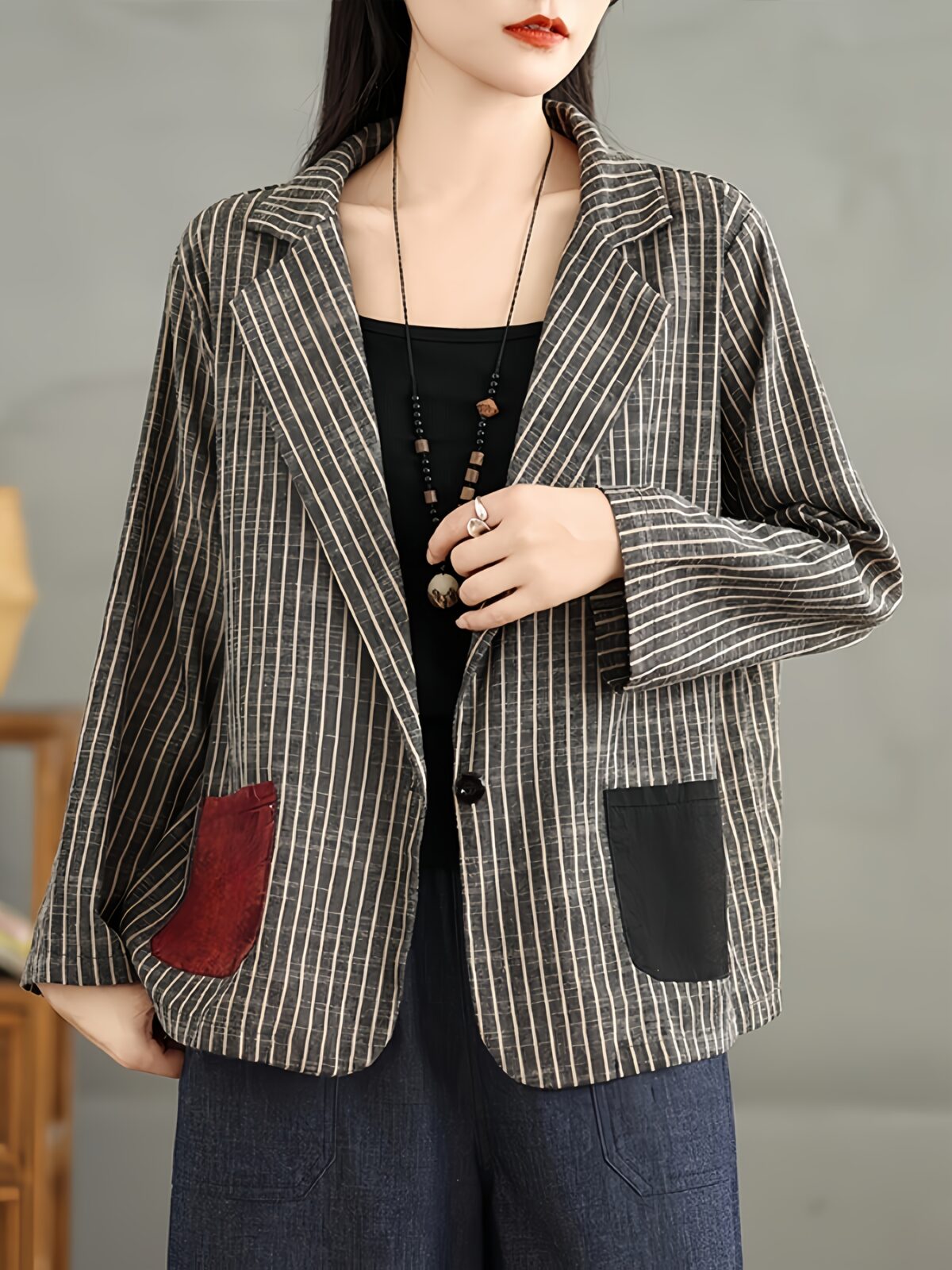 City Chic Striped Blazer Jacket with Color Block Pockets A stylish striped blazer in a relaxed fit perfect for spring and fall featuring trendy color block pockets
