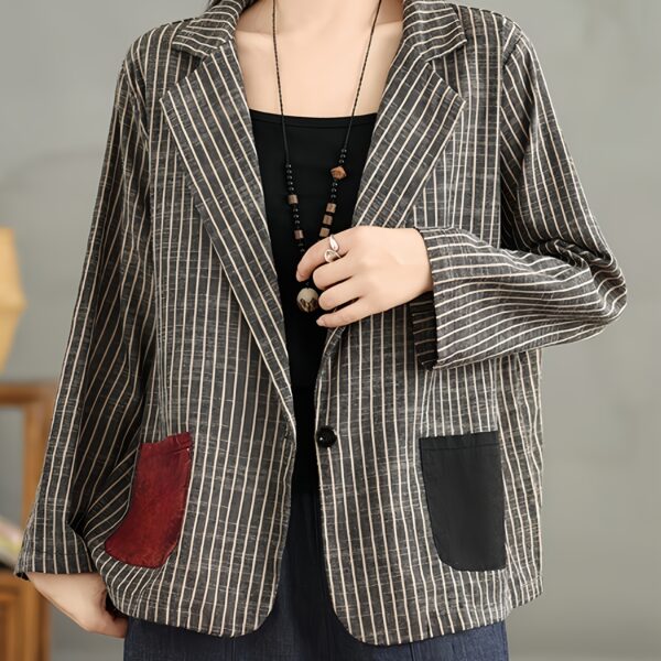 City Chic Striped Blazer Jacket with Color Block Pockets A stylish striped blazer in a relaxed fit perfect for spring and fall featuring trendy color block pockets
