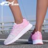 Womens breathable mesh running shoes in pink showing side and front view