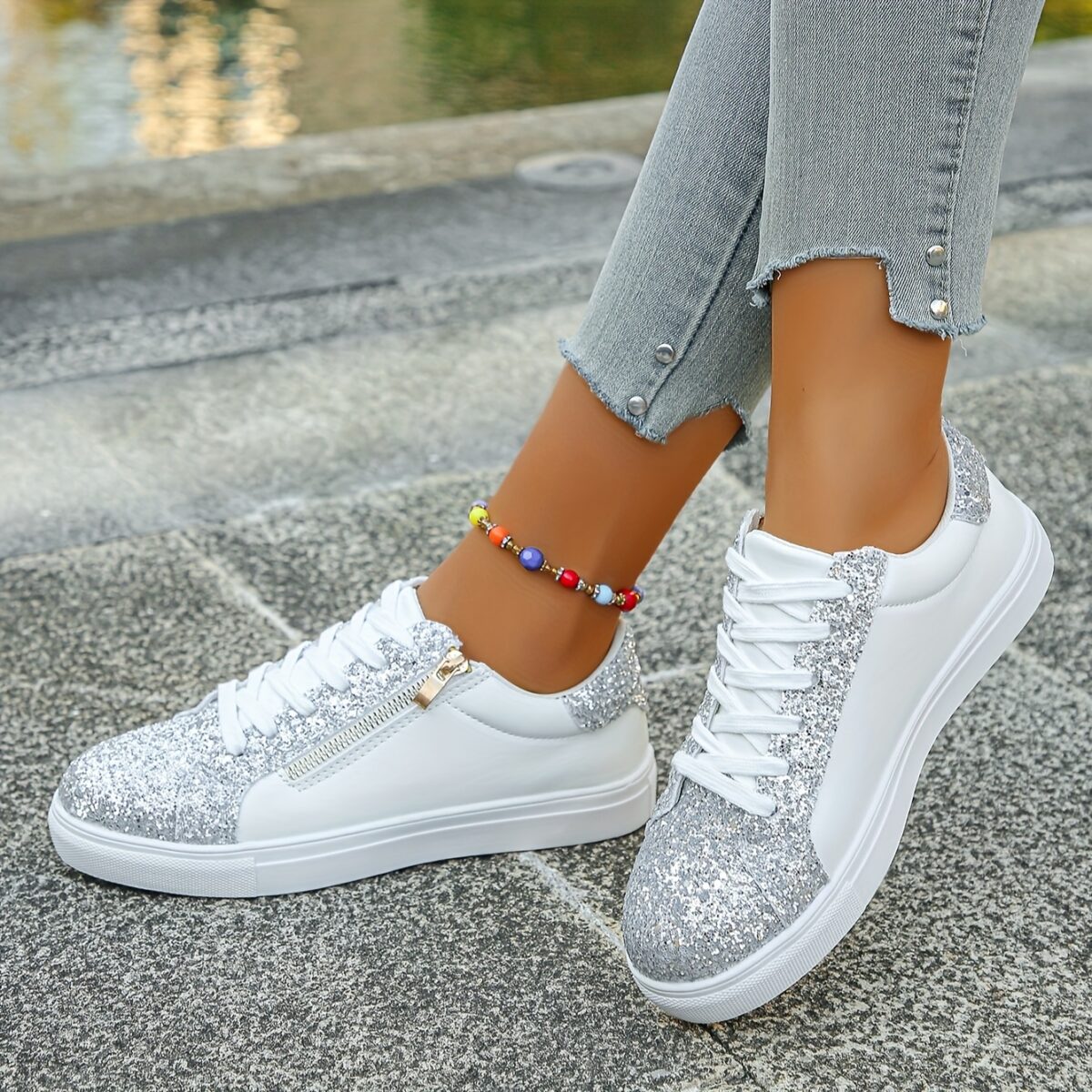 Newness Stardust Shimmer Silver Glitter Sneakers Elevate your style with these breathable lightweight sneakers perfect for any occasion