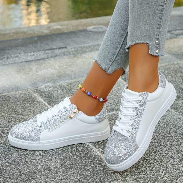 Newness Stardust Shimmer Silver Glitter Sneakers Elevate your style with these breathable lightweight sneakers perfect for any occasion