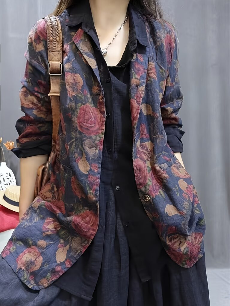 Crimson Bloom Women's Floral Print Blazer: A chic, long floral blazer in a vibrant print and structured H-silhouette, perfect for the office, parties, or everyday wear.
