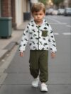 Stylish boys dinosaur print hooded zipper jacket and pants set perfect for fall and winter outdoor adventures The trendy and comfortable outfit features a fun dino print