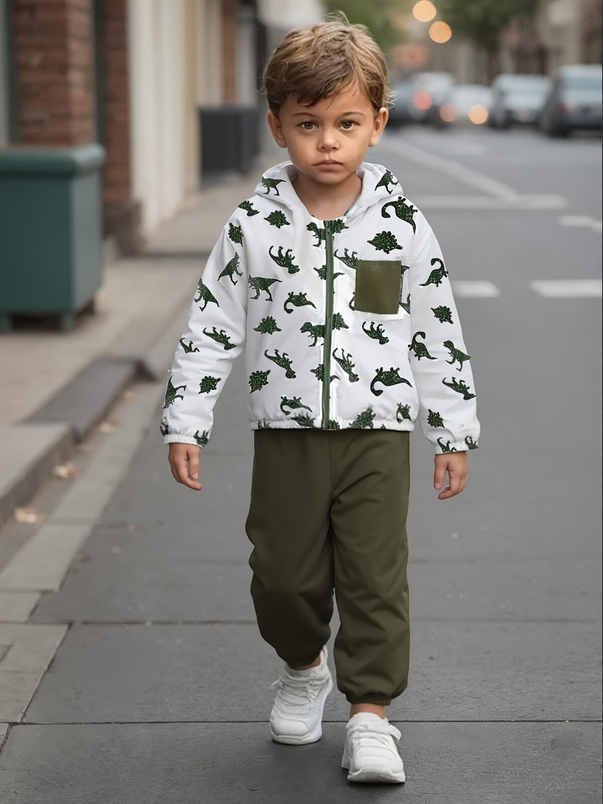 Stylish boys dinosaur print hooded zipper jacket and pants set perfect for fall and winter outdoor adventures The trendy and comfortable outfit features a fun dino print
