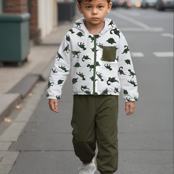 Stylish boys' dinosaur print hooded zipper jacket and pants set, perfect for fall and winter outdoor adventures. The trendy and comfortable outfit features a fun dino print.