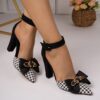 Newness Chic Houndstooth Block Heels with Bowknot Detail Stylish pointed toe sandals in a classic houndstooth pattern featuring a comfortable block heel and elegant bowknot accent