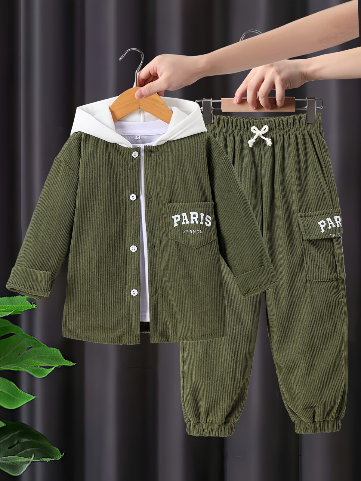 Stylish boys fleece set in trendy alphabet print featuring a hooded jacket and comfortable long pants perfect for keeping warm during outdoor play