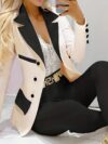 The Newness Milan Patchwork Casual Suit in a chic modern design perfect for spring and fall The image shows a full body view of the suit highlighting the unique patchwork details