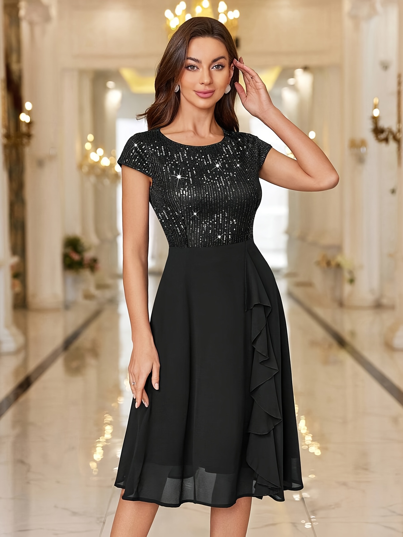 Women's Black Sequin Embellished Bodycon Dress - Middle Eastern-Inspired A-Line Midi Dress with Short Sleeves & Round Neck, Hand Washable Elegant Formal Party Wear, Sequin Party Dress, Galas And Events, No Stretch Material