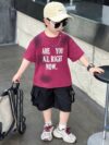 Stylish boys summer outfit alphabet print t shirt and cargo shorts set from Newness Perfect for summer adventures