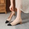 Womens black fabric stiletto heel pumps with a gold ankle strap