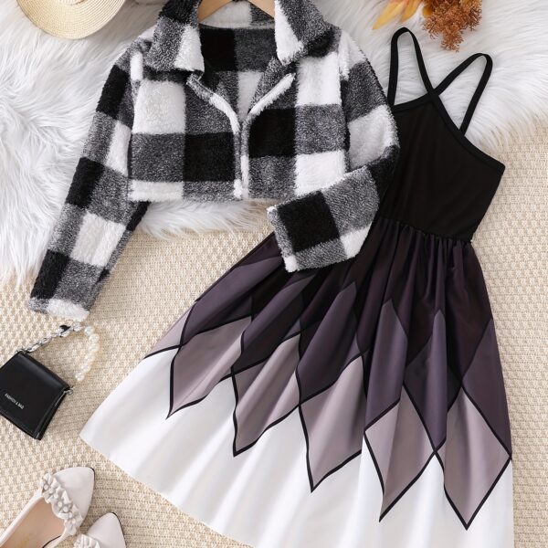 Stylish woman wearing a comfortable and chic plaid dress set ideal for autumn outings