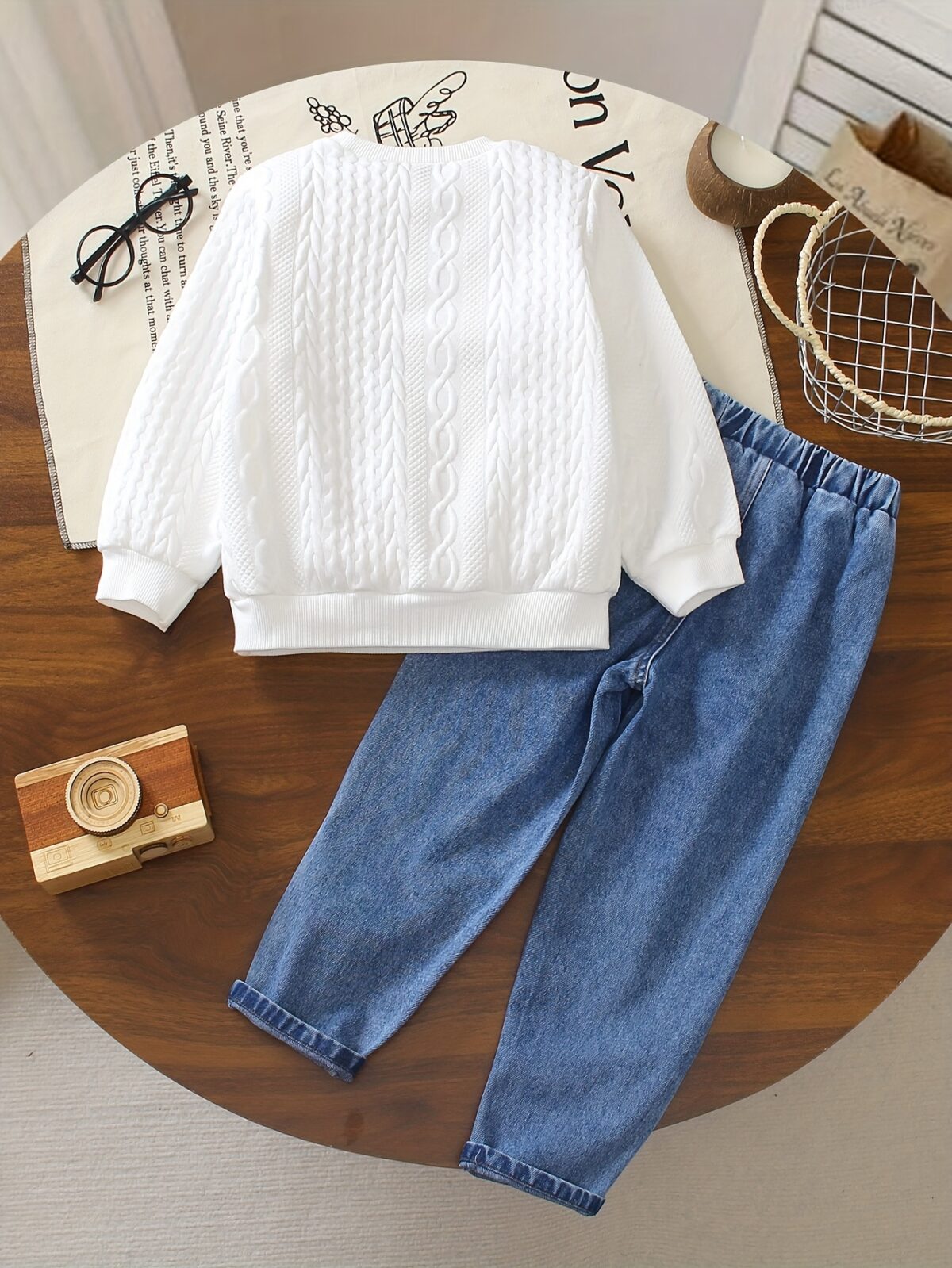 Stylish boys outfit long sleeve solid color top and ripped faux denim jeans perfect for spring and fall
