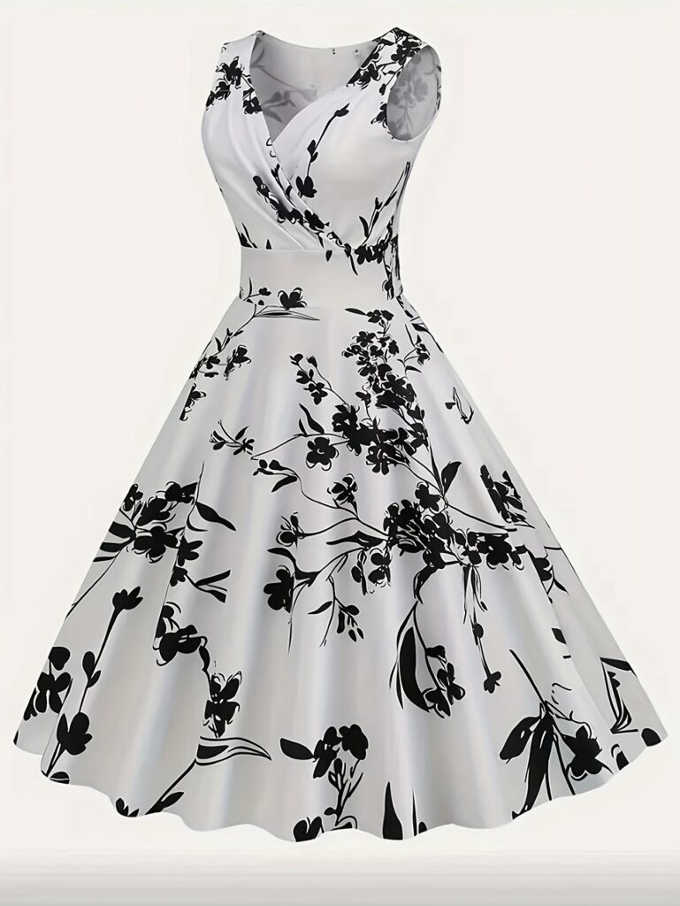 Model twirling in a beautiful Vienna Waltz floral print dress, perfect for spring and summer occasions.