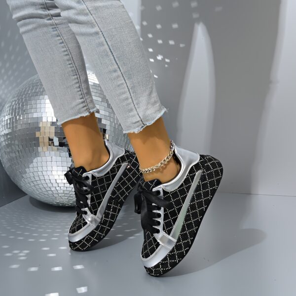 Newness Nova Sparkle Rhinestone Platform Sneakers in white, showcasing the dazzling rhinestone detailing and chunky platform sole. The sneakers are styled on a model's feet, emphasizing their comfort and chic design.