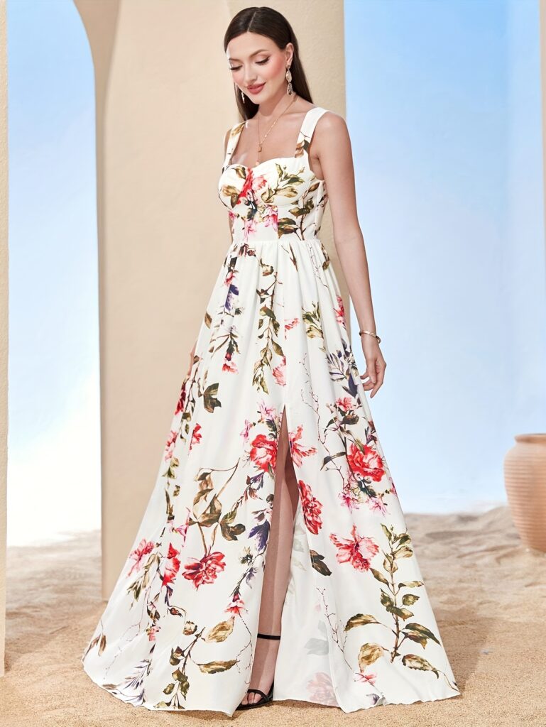 Flattering floral print bridesmaid dress with elegant straps. Perfect for weddings and other special events.