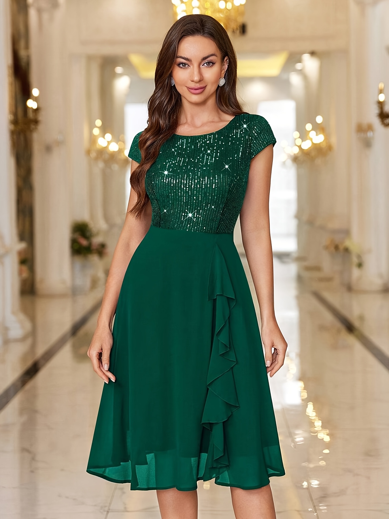 Women's Black Sequin Embellished Bodycon Dress - Middle Eastern-Inspired A-Line Midi Dress with Short Sleeves & Round Neck, Hand Washable Elegant Formal Party Wear, Sequin Party Dress, Galas And Events, No Stretch Material