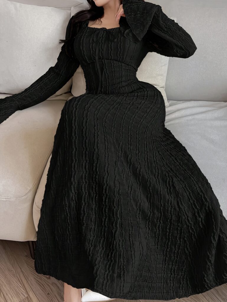 Casablanca Tie Front Maxi Dress from Newness in a flattering flowy silhouette, perfect for fall/winter.