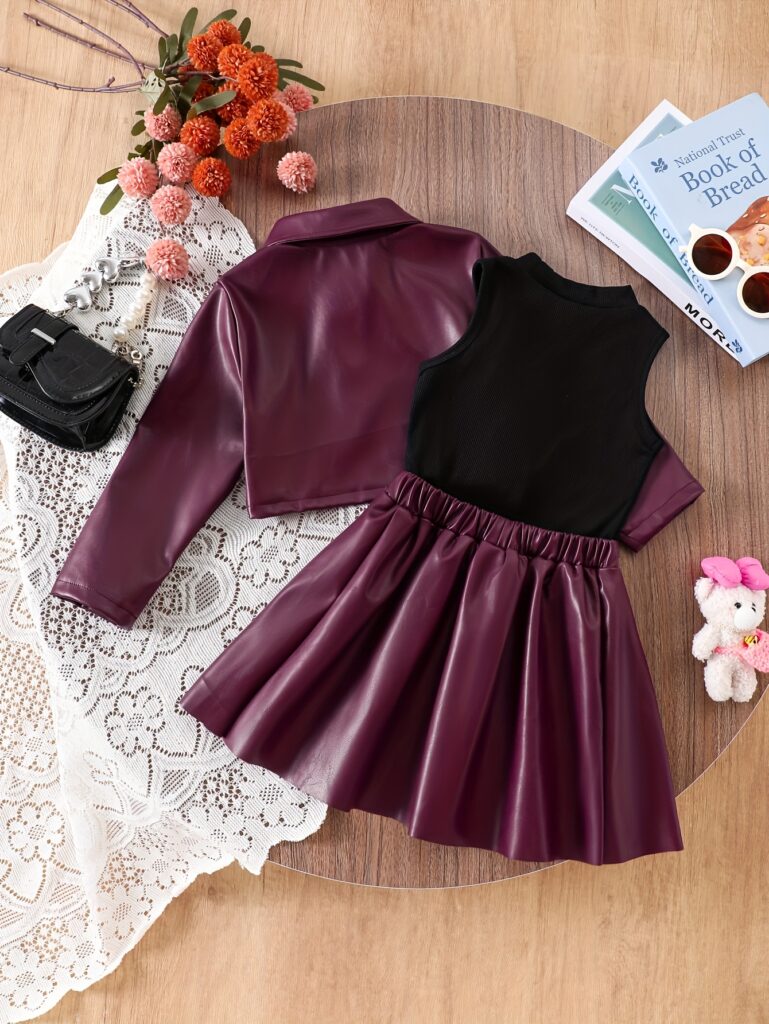 Adorable girls winter outfit set in burgundy. Three-piece ensemble includes a stylish dress, cozy cardigan, and leggings, perfect for parties or everyday wear.