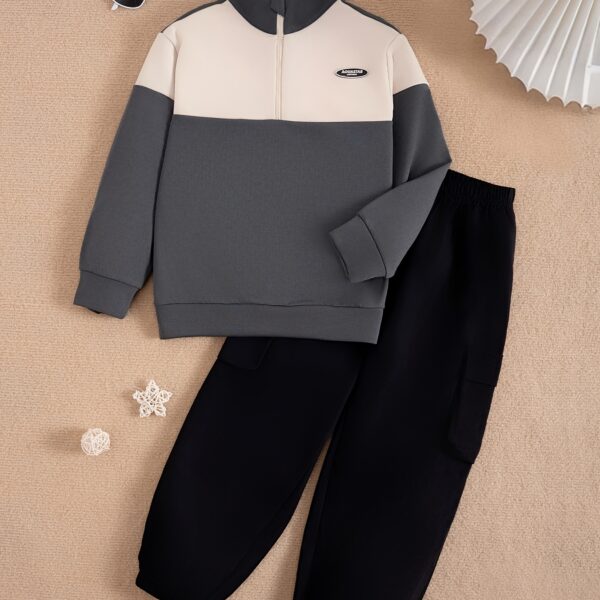 Stylish boys casual hoodie and sweatshirt set in trendy colors featuring a letter print long sleeves and pockets Perfect for fall and winter