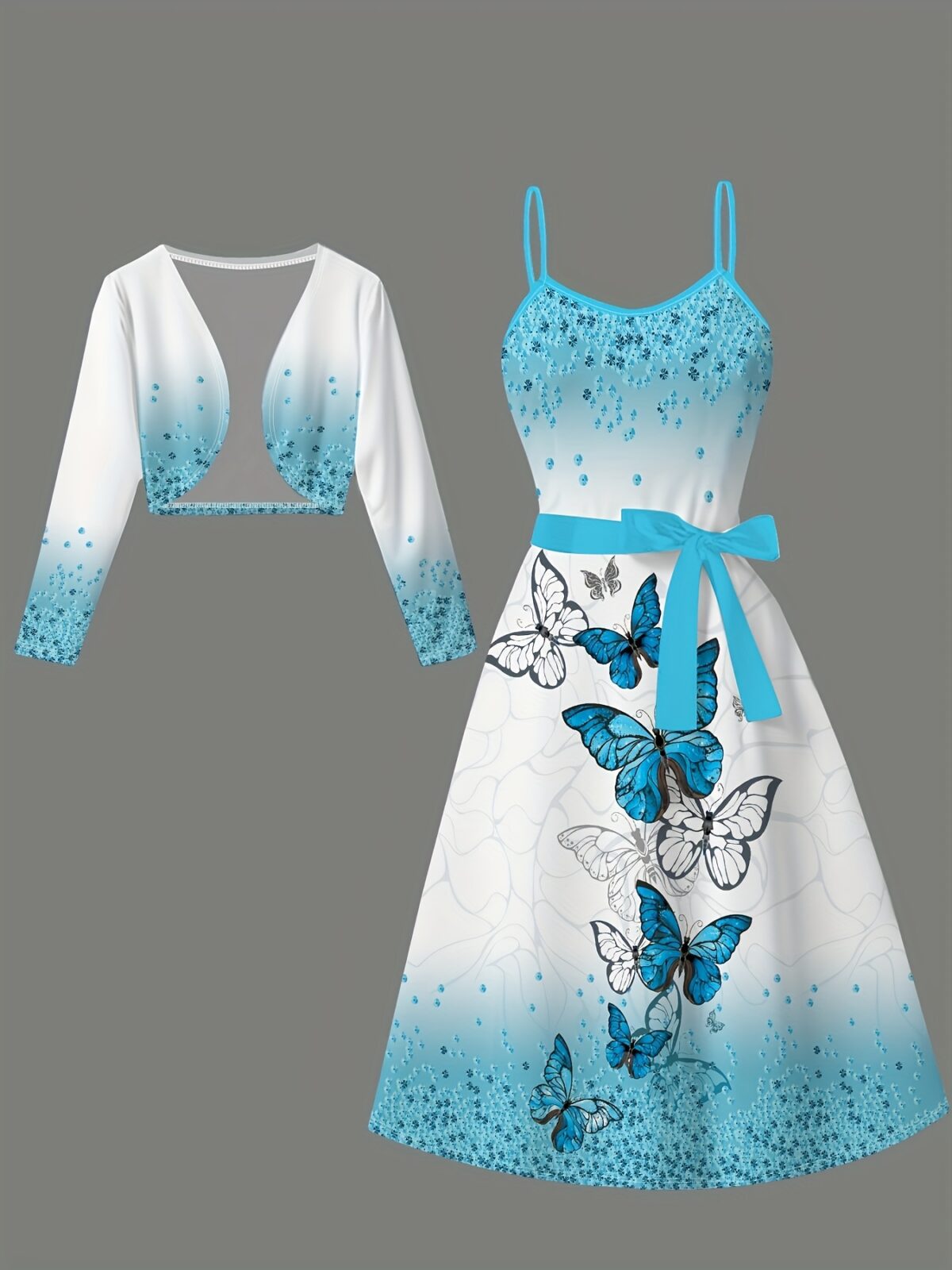 Newness Azure Dreams Butterfly Print Dress Set A chic and elegant butterfly print dress and matching set perfect for spring occasions