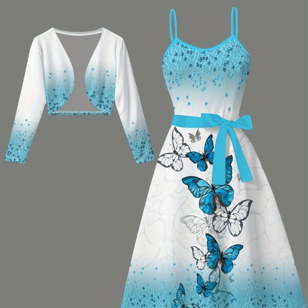 Newness Azure Dreams Butterfly Print Dress Set A chic and elegant butterfly print dress and matching set perfect for spring occasions