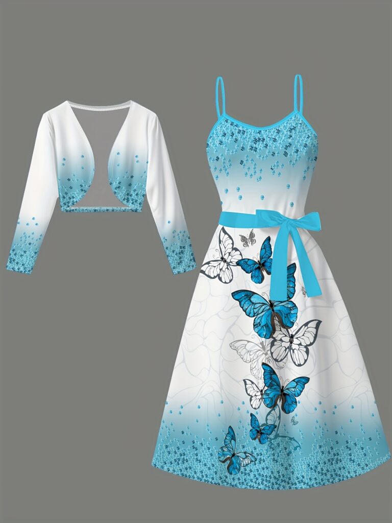 Newness Azure Dreams Butterfly Print Dress Set: A chic and elegant butterfly print dress and matching set, perfect for spring occasions.