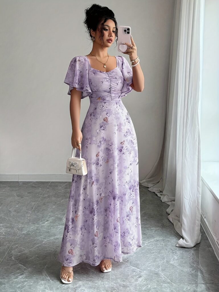 Ethereal Lavender Mini Dress with delicate butterfly print, batwing sleeves, and a square neckline.