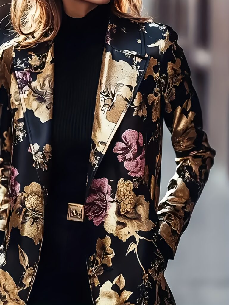 Elegant black women's blazer with a beautiful floral print and golden accents, perfect for spring and summer.