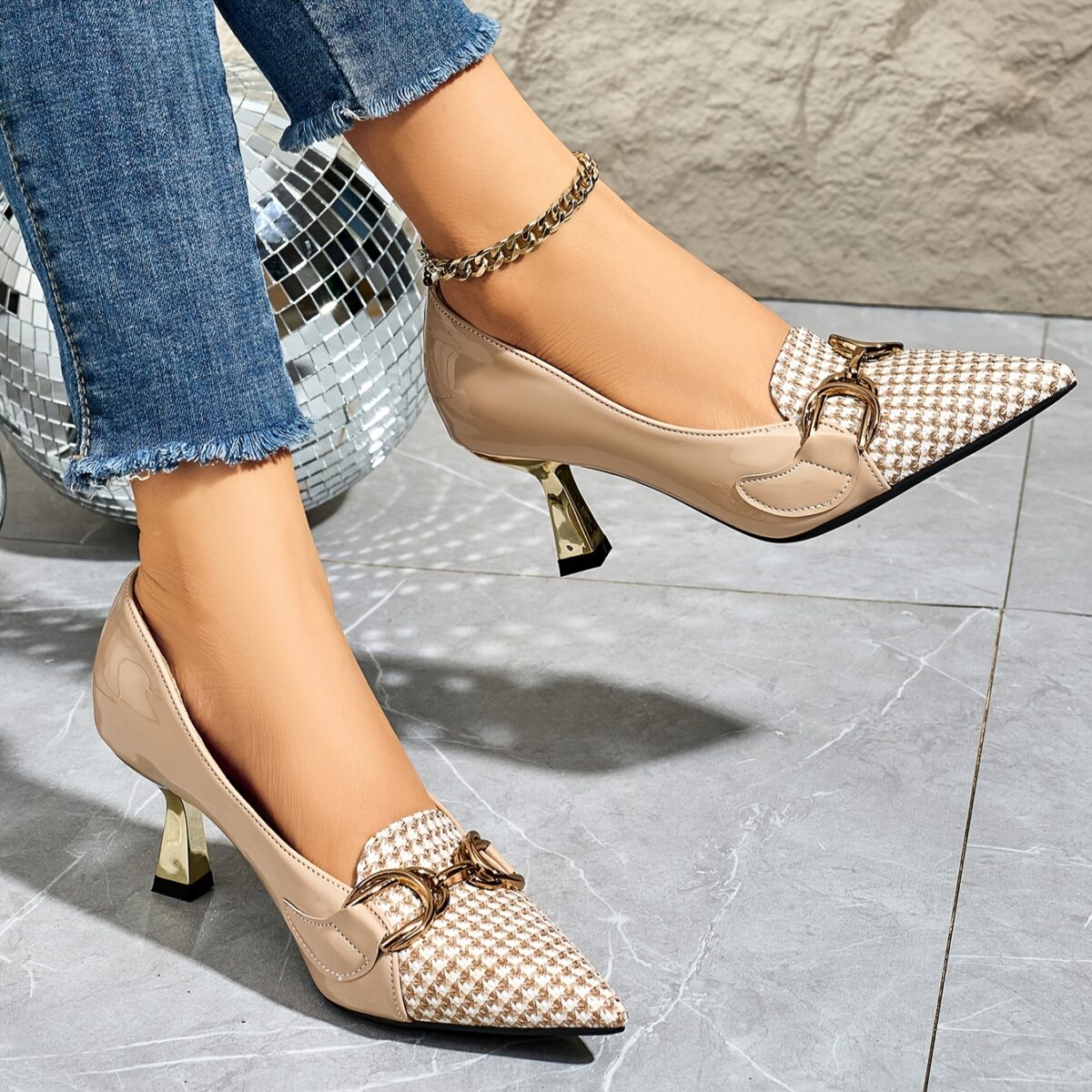 Newness Houndstooth Chain Buckle Stilettos Pointed toe heels in a chic houndstooth pattern with a sophisticated gold chain buckle Perfect for adding a touch of elegance to your party or nightclub outfit