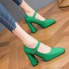 Womens white Mary Jane shoes with a golden buckle square toe and block heel Comfortable rubber sole