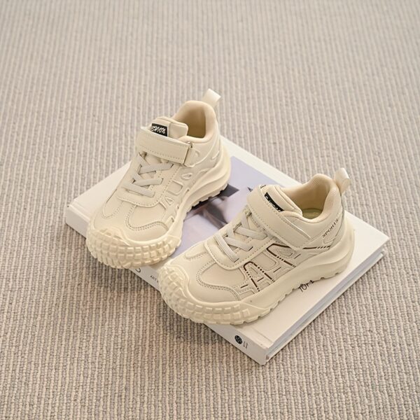 Stylish beige and white Active Ace Kids breathable casual sneakers with soft EVA sole and A branding perfect for boys and girls aged 14 and under