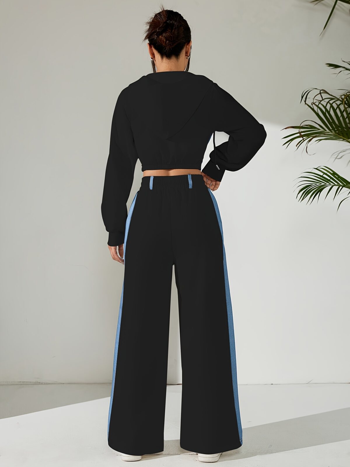 Skyline Chic Two Piece Set Flatlay of a stylish zip up hoodie and wide leg pants in a complementary color scheme Perfect for spring or fall