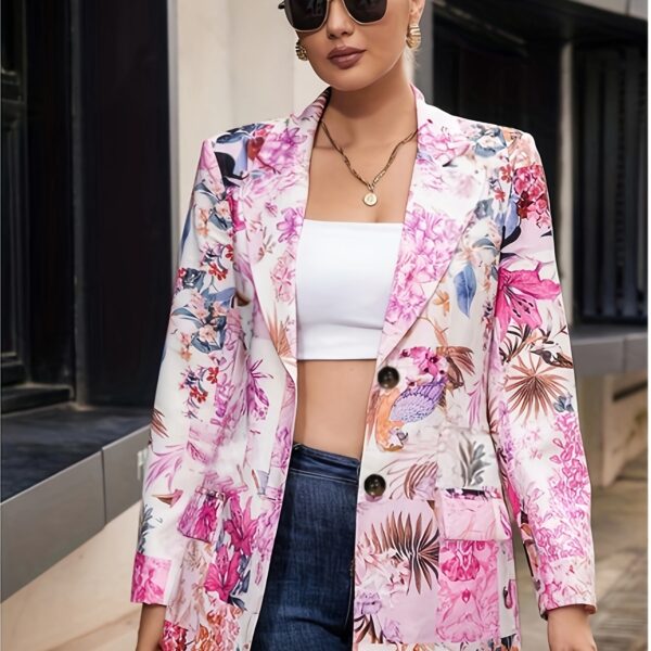 Stylish woman wearing a vibrant floral print blazer jacket relaxed fit showcasing the sophisticated tailoring and chic design of the Newness Botanical Bloom Blazer
