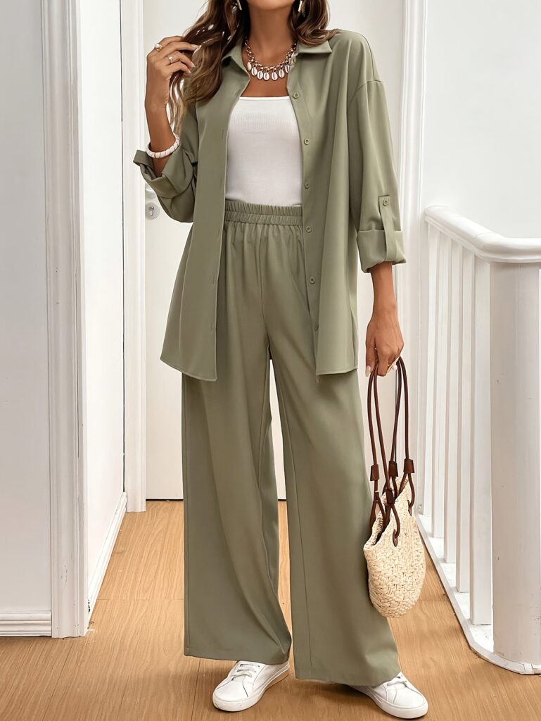 Flatlay of women's Newness Solid Color Pants Set in luxurious polyester, showcasing its comfort and sophisticated style.
