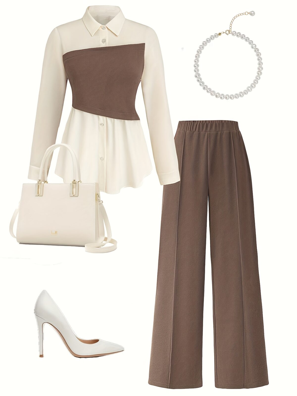 Model wearing the Newness Metropolitan Chic Two Piece Pant Set a stylish and comfortable pant set perfect for the office or everyday wear The set includes a matching top and pants in a versatile color