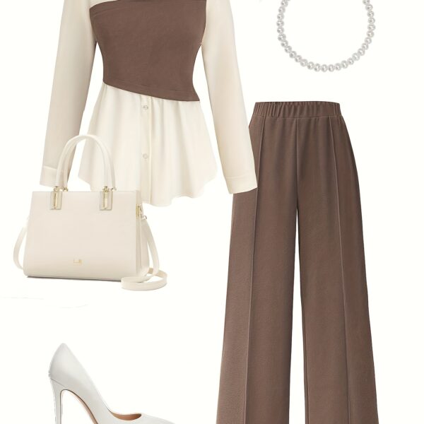 Model wearing the Newness Metropolitan Chic Two-Piece Pant Set, a stylish and comfortable pant set perfect for the office or everyday wear. The set includes a matching top and pants in a versatile color.