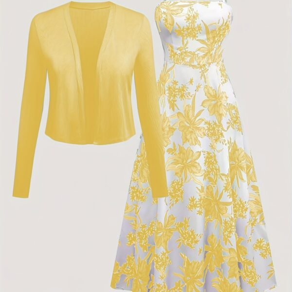 Effortlessly elegant Newness Summer Solstice Floral Print Dress Set. A sophisticated two-piece set featuring a floral print dress and matching accessories, perfect for any occasion.