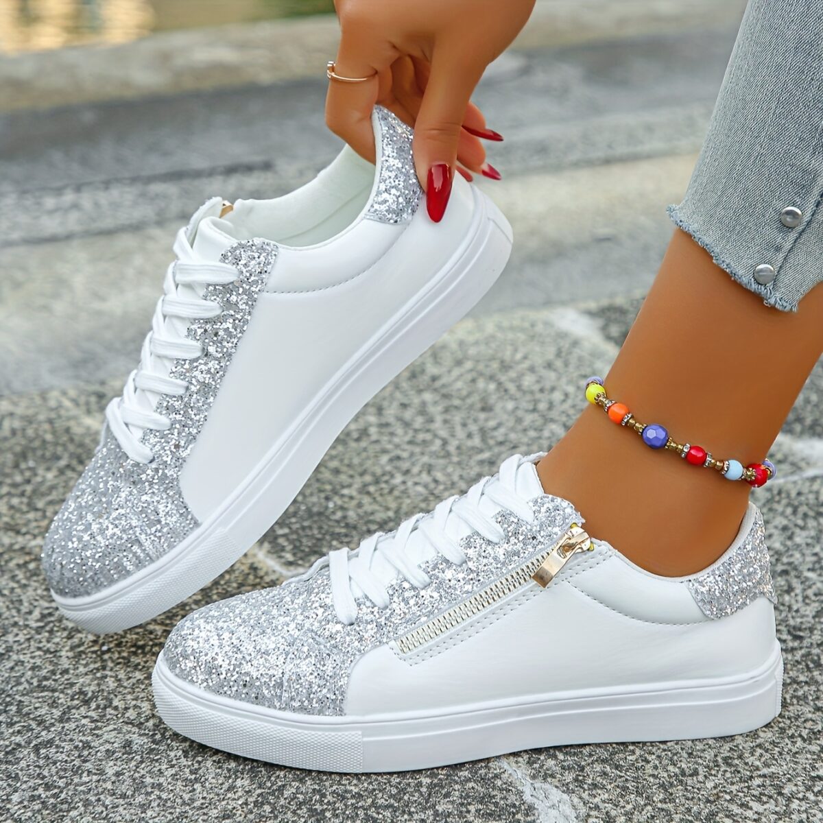 Newness Stardust Shimmer Silver Glitter Sneakers Elevate your style with these breathable lightweight sneakers perfect for any occasion