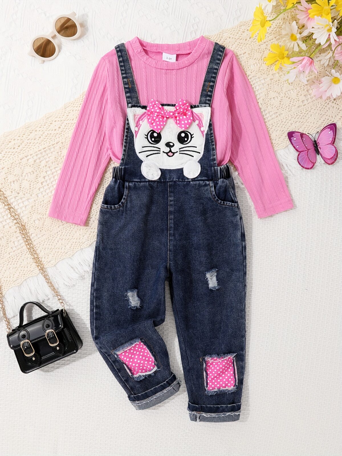 Adorable Newness Whimsical Cat Jumpsuit Set A charming cat embroidered jumpsuit paired with a sweet jacquard top perfect for playful days