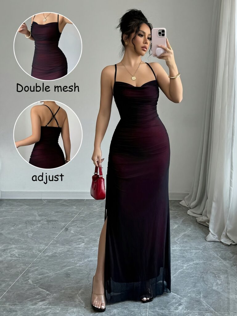 Model wearing a shimmering mesh bodycon dress, perfect for any occasion.