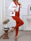 The Newness Milan Patchwork Casual Suit in a chic modern design perfect for spring and fall The image shows a full body view of the suit highlighting the unique patchwork details