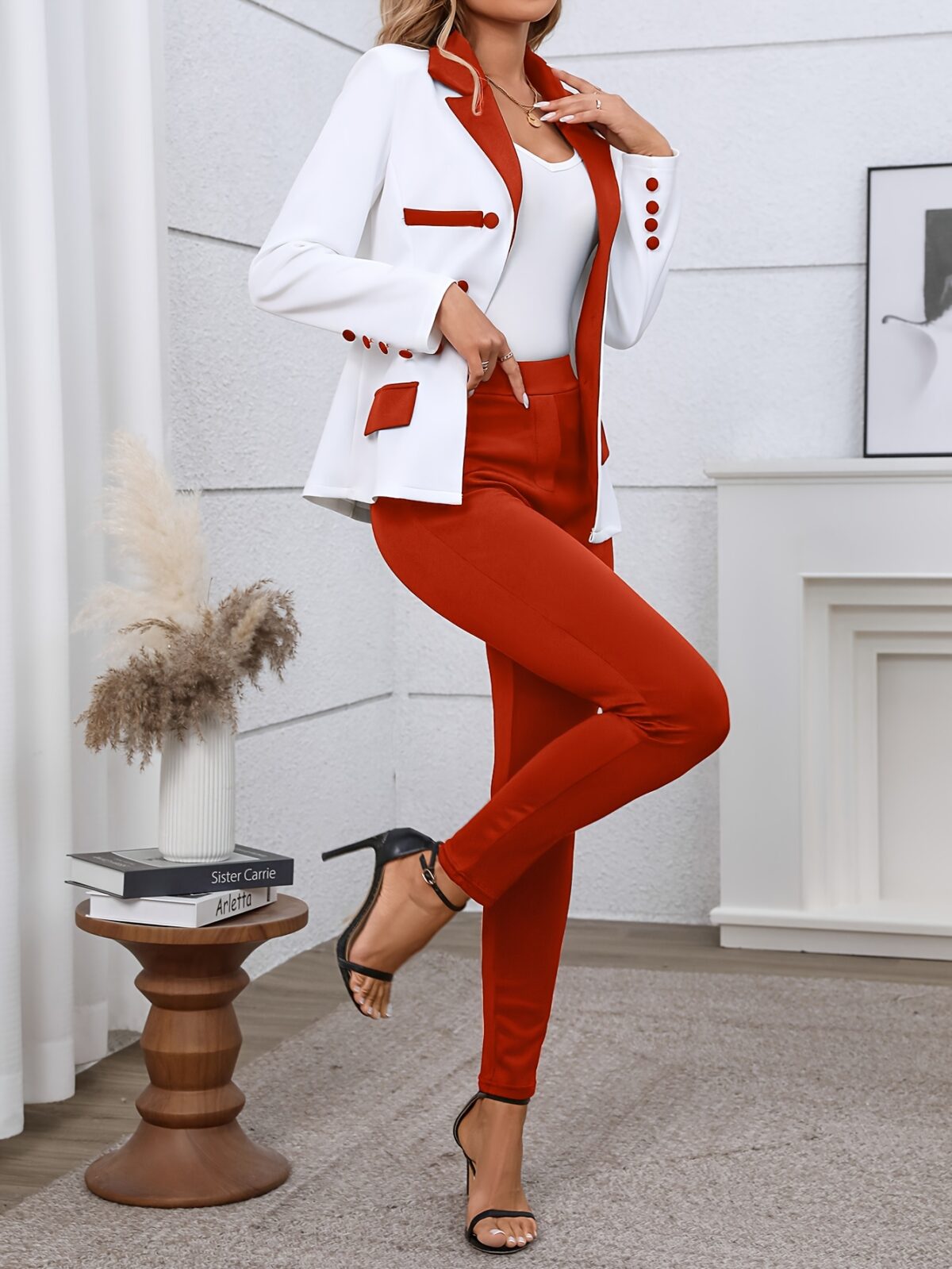 The Newness Milan Patchwork Casual Suit in a chic modern design perfect for spring and fall The image shows a full body view of the suit highlighting the unique patchwork details