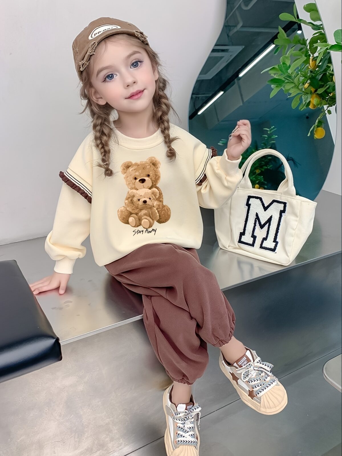 Newness girls teddy bear set Soft pink sweatshirt and pants loose fit perfect for cuddles and playtime