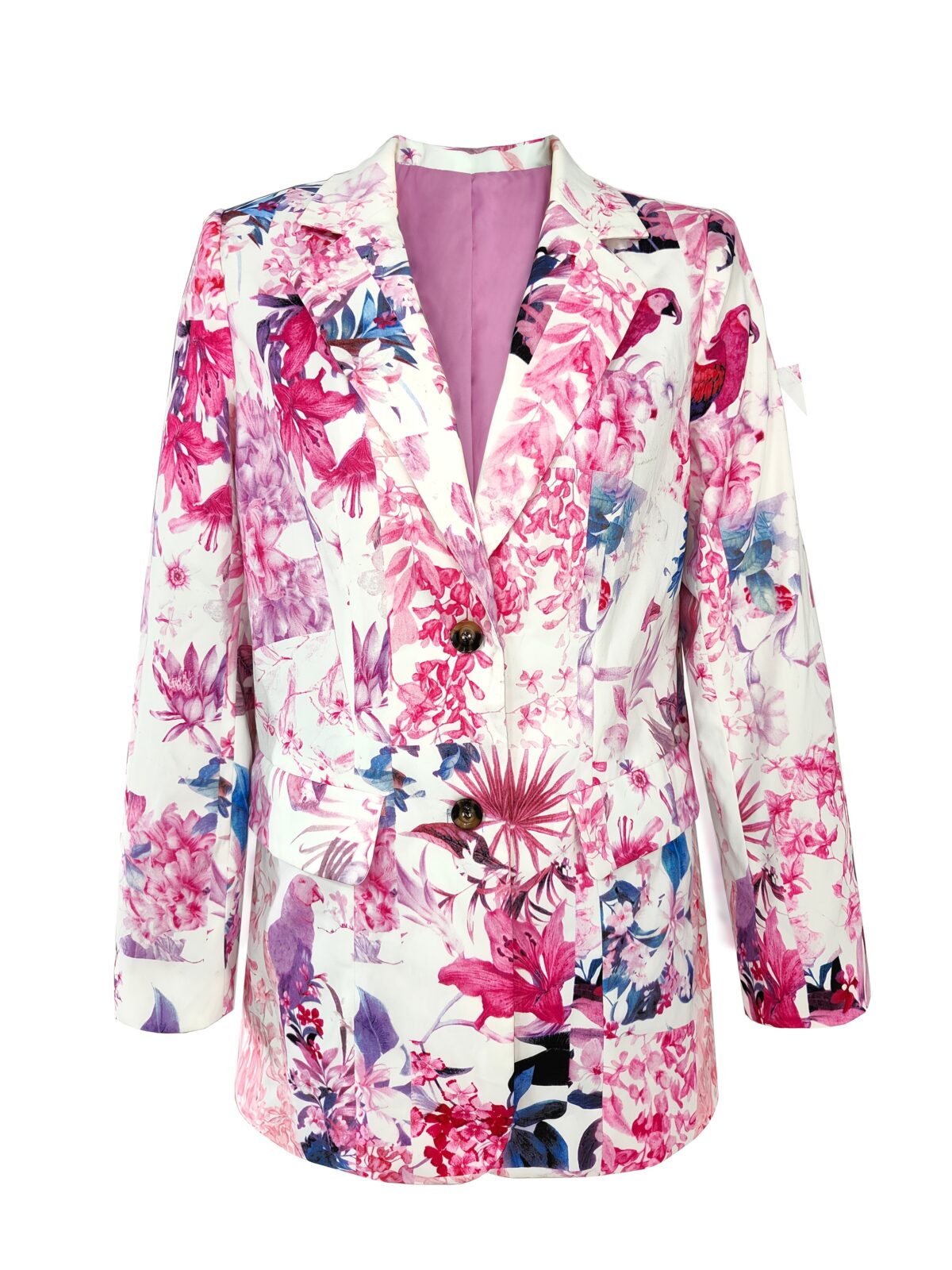 Stylish woman wearing a vibrant floral print blazer jacket relaxed fit showcasing the sophisticated tailoring and chic design of the Newness Botanical Bloom Blazer