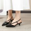 Womens vibrant red pointed toe kitten heel pumps with ankle strap