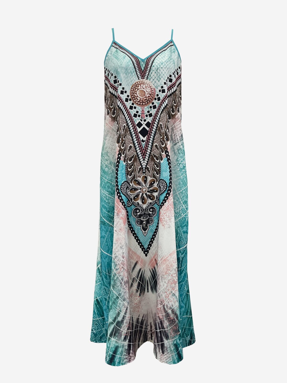 Effortlessly chic Casablanca Tribal Print Maxi Dress Set from Newness perfect for vacations or casual dates Features a flowing maxi dress with a vibrant tribal print