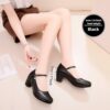Womens black and clear glossy Mary Jane high heel mule shoes with block heel and durable rubber sole