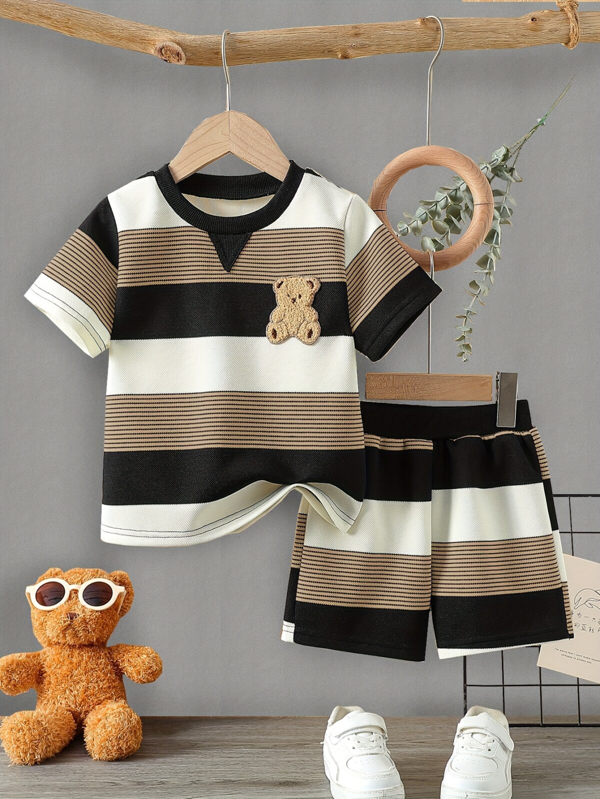 Little Champ Boys Color Block Set in springsummer colors A trendy outfit featuring a bear embroidery top and contrasting color plaid shorts perfect for playtime Ideal for boys over 3 years